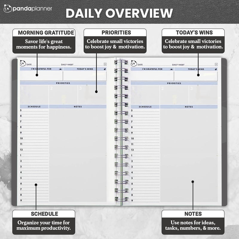 Panda Planner 2026 Undated Daily Planner 5.75" x 8.25" â€“ 90-Day Spiral Academic & Productivity Planner with Hourly Schedule, Habit Tracker, To-Do List & Monthly Calendar â€“ ADHD-Friendly Panda Journal (Gray) - Image 2